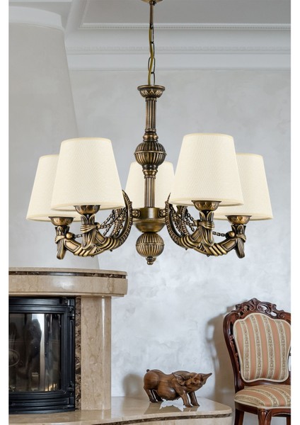 Beş Kollu Metal Eskitme Cadena Döküm Zamak Avize Krem Şapkalı