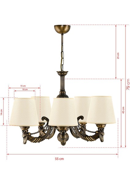 Beş Kollu Metal Eskitme Cadena Döküm Zamak Avize Krem Şapkalı fiyatları