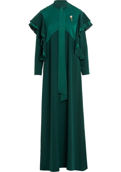 Boyundan Bağlamalı Omuzdan Volanlı Siyah Elbise