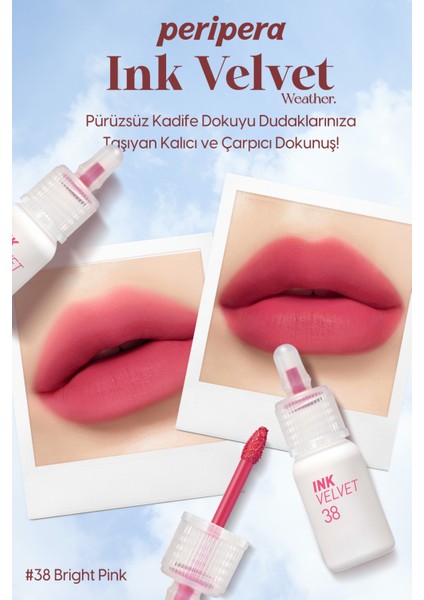 Yüksek Pigmentli, Kadife Görünümlü, Gün Boyu Kalıcı Tint PERIPERA Ink Velvet (38 Bright Pink)