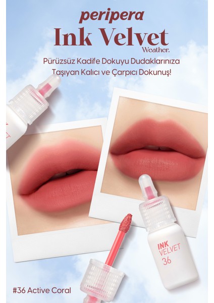 Yüksek Pigmentli, Kadife Görünümlü, Gün Boyu Kalıcı Tint PERIPERA Ink Velvet (36 Active Coral)