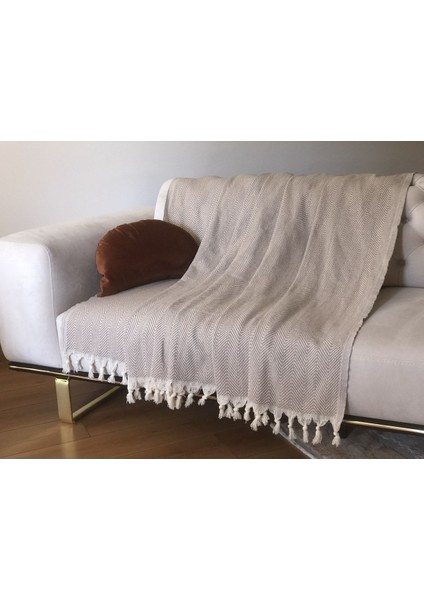 Bej Koltuk Örtüsü Balıksırtı Desenli Sütlükahve 180 x 210 cm Çift Yönlü