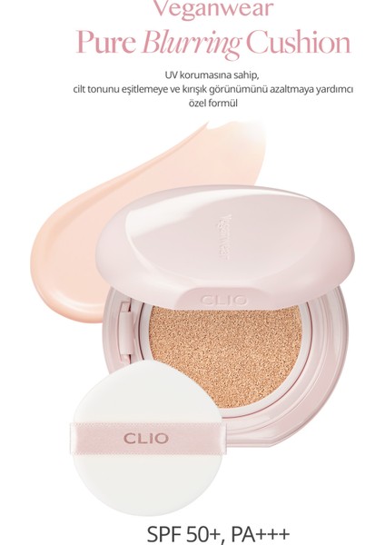 Blur Efekti Veren Vegan Cushion CLIO Veganwear Pure Blurring Cushion+Refill SPF50+ PA+++(2 Lingerie)