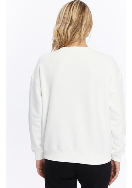 Kadife The Alps Desenli Ekru Yumuşak Dokulu Regular Fit Bisiklet Yaka Kadın Sweatshirt