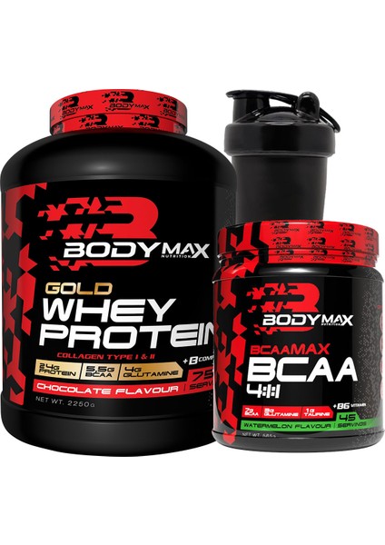 Gold Whey Protein Tozu 2250 gr Çikolatalı + Bcaamax Bcaa 585 gr Karpuzlu + Shaker Hediyeli