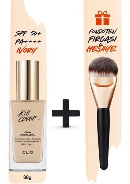 Yoğun Işıltılı&Kapatıcı Fondöten Fırça Set CLIO Kill Cover Glow Foundation Spf50+PA++++ 2.5/Ivory