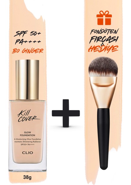 Yoğun Işıltılı&Kapatıcı Fondöten Fırça Set CLIO Kill Cover Glow Foundation SPF50+PA++++ 4-Bo Ginger