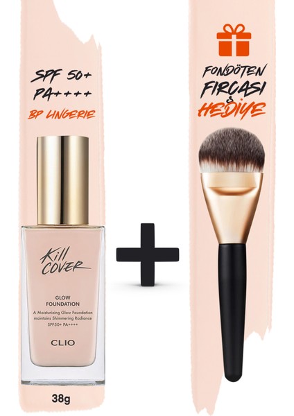 Yoğun Işıltılı&Kapatıcı Fondöten Fırça Set CLIO Kill Cover Glow Foundation SPF50+PA++++ 2Bp/Lingerie