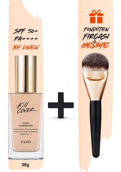 Yoğun Işıltılı&Kapatıcı Fondöten Fırça Set CLIO Kill Cover Glow Foundation SPF50+PA++++ 3-By Linen