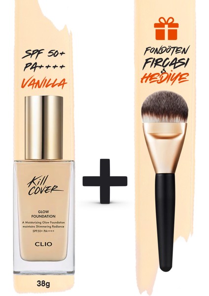 Yoğun Işıltılı&Kapatıcı Fondöten Fırça Set CLIO Kill Cover Glow Foundation Spf50+PA++++ 3.5/Vanilla