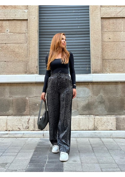 Pamuk Saten Leopar Bol Paça Pantolon, 4 Mevsim, Premium Kumaş