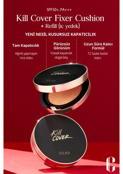 Mat Bitişli Kapatıcılık Sunan Cushion CLIO Kill Cover Fixer Cushion+Refill SPF50+/PA+++ (04/Ginger)