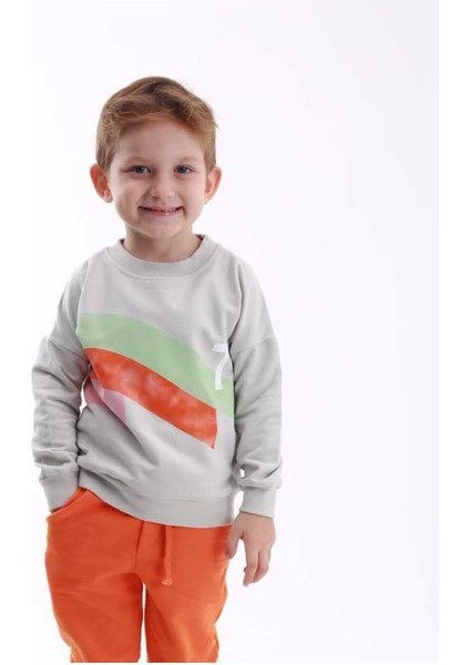 Renk Bloklu Baskılı Bisiklet Yaka Unisexsweatshirt 3-9 Yaş