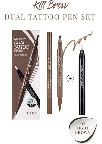 Yarı Kalıcı Kaş ve Makyaj Düzeltici Kalem Seti CLIO Kill Brow Dual Tattoo Pen Set (02 Light Brown)