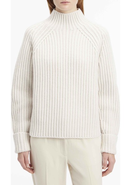 Balıkçı Yaka Standart Düz Beyaz Kazak Kadın Rec Yün Two Tone Strıpe Sweater