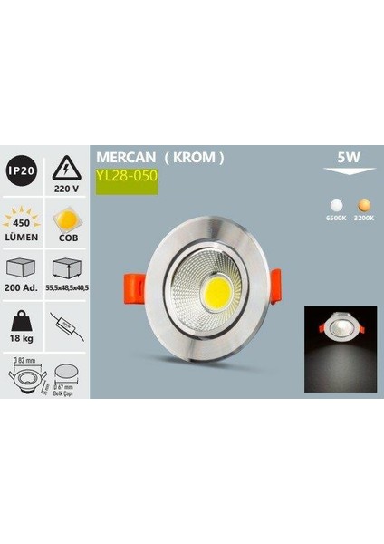 Cob LED Mercan Spot Krom Kasa 5W 3200K