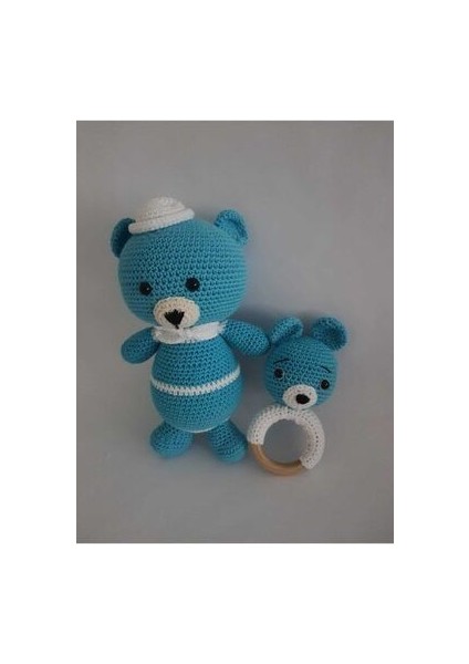 Amigurumi Bebek Seti- Sevimli Ayıcık- Uyku Arkadaşı, Çıngırak, 2'li Set. Mavi