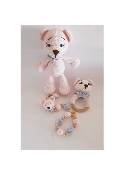 Amigurumi Bebek Seti- Sevimli Ayıcık- Uyku Arkadaşı, Çıngırak, Emzik Askısı 3'lü Set. Pembe, Oyuncak