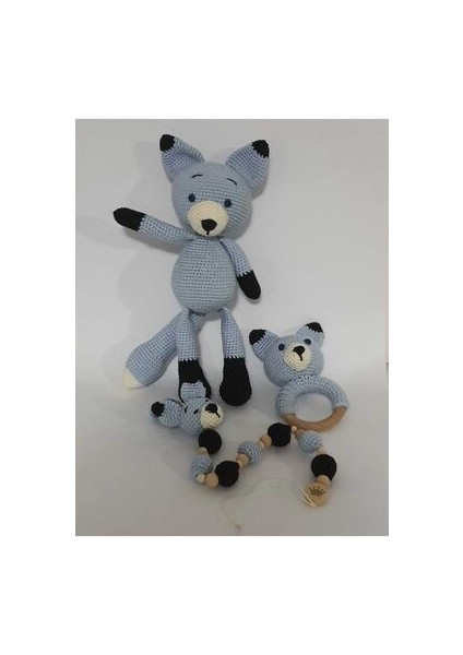 Amigurumi Bebek Seti- Sevimli Tilki- Uyku Arkadaşı, Çıngırak, Emzik Askısı 3'lü Set. Mavi Oyuncak