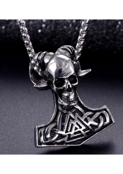 Paslanmaz Çelik Viking Mitolojik Valknut Mjolnir Kafatası Kurukafa Kolye