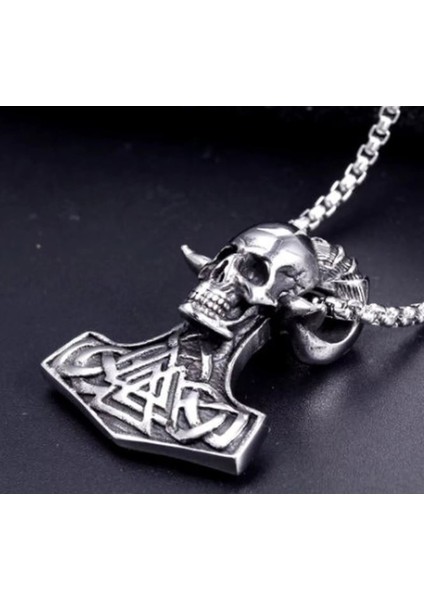 Paslanmaz Çelik Viking Mitolojik Valknut Mjolnir Kafatası Kurukafa Kolye
