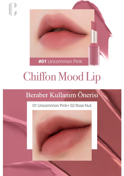 Yumuşak Dokulu, Hafif Mat Görünüm Sunan Ruj CLIO Chiffon Mood Lip (01 Uncommon Pink)