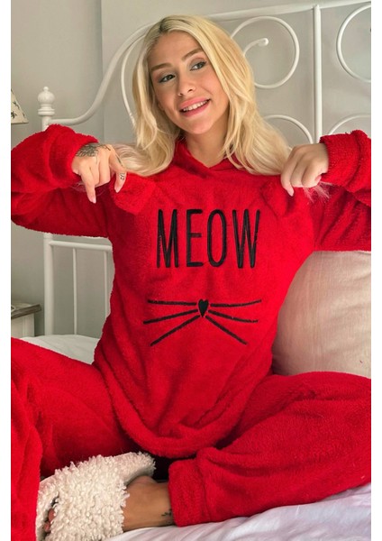 Meow Desenli Tam Peluş Pijama Takımı