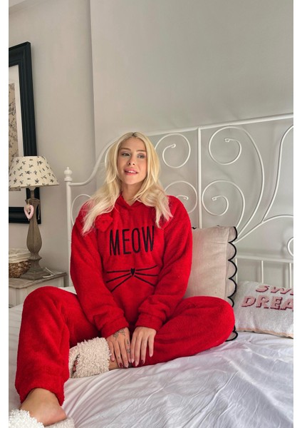 Meow Desenli Tam Peluş Pijama Takımı