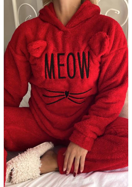 Meow Desenli Tam Peluş Pijama Takımı