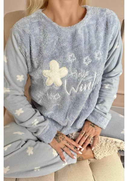 Mavi Hello Winter Desenli Kadın Peluş Pijama Takımı modelleri