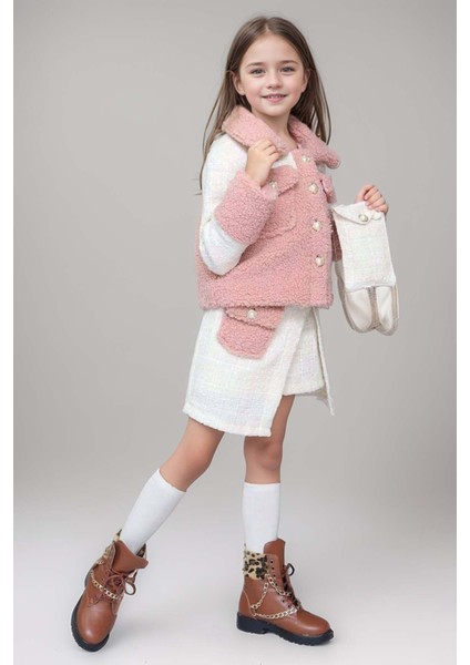 Kız Çocuk Inci Düğme ve Peluş Detaylı Gömlek Pembe Triko Etekli Takım