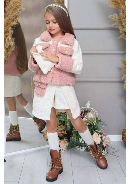 Kız Çocuk Inci Düğme ve Peluş Detaylı Gömlek Pembe Triko Etekli Takım modelleri