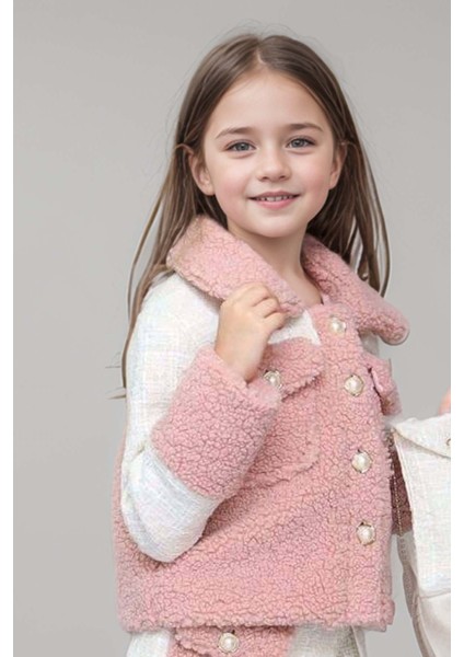 Kız Çocuk Inci Düğme ve Peluş Detaylı Gömlek Pembe Triko Etekli Takım fırsatları