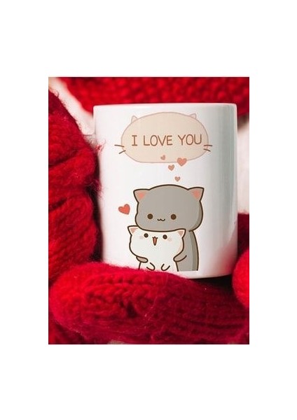 Mochi Mochi Peach Cat Sevimli Aşık Kediler Baskılı Beyaz Kupa Bardak
