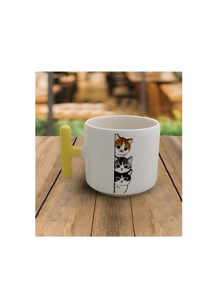 Duble Türk Kahvesi Fincanı & Espresso Kupaya Yaslanmış Haylaz Yavru Kedi T Sarı Kulp Kupa 200 ml