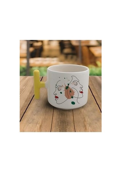 Duble Türk Kahvesi Fincanı & Latte Minimal Çizgisel Kadın T Sarı Kulp Kupa 200 ml