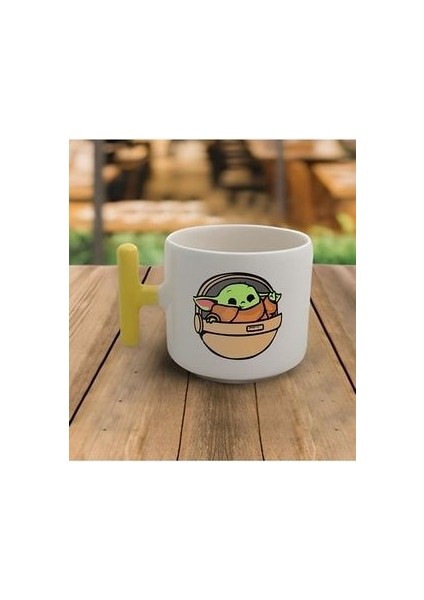 Duble Türk Kahvesi Fincanı & Latte Baby Yoda Sarı Kulp Kupa 200 ml