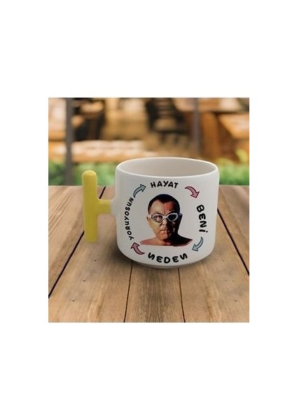 Duble Türk Kahvesi Fincanı & Latte Serdar Ortaç Motto Sarı Kulp Kupa 200 ml