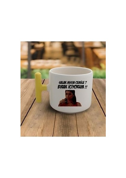 Duble Türk Kahvesi Fincanı Latte Aşkı Memnu Bihter Motto Sarı Kulp Kupa 200 ml