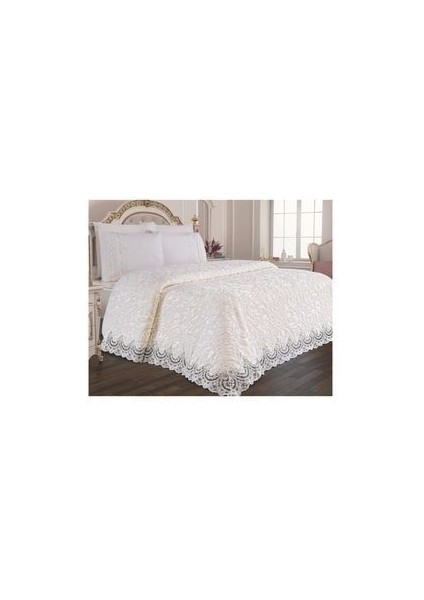 Merissa Fransız Dantelli Çeyizlik Battaniye Takımı Krem (6 Parça)