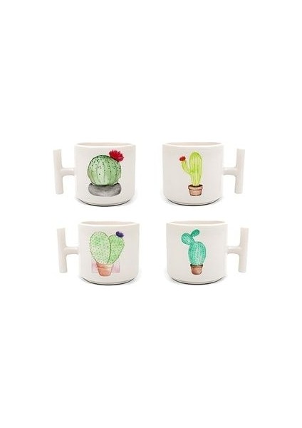 Duble Türk Kahve Fincanı & Espresso Kaktüs Set 4'lü T Kulp 200 ml 4 Parça