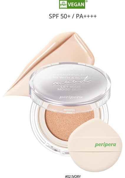 Doğal Işıltı Sağlayan Vegan Cushion PERIPERA Mood Vegan Glow Cushion SPF50+ PA++++ (2 Ivory)