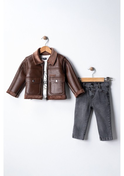 (1-8 Yaş) Deri Mont Iç Kaşe Astar Erkek Çocuk 3 lü takım - Kahverengi