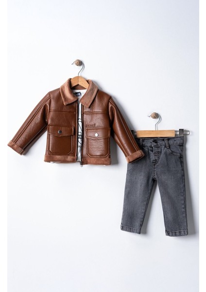 (1-8 Yaş) Deri Mont Iç Kaşe Astar Erkek Çocuk 3 lü takım - Taba