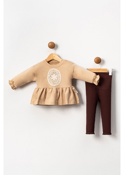 (6-18 Ay) Yıldız Dantel Motifli Taytlı Kız bebek takım - Vizon