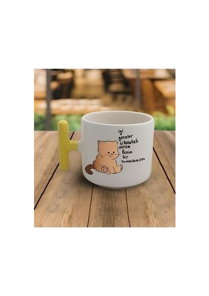 Duble Türk Kahvesi Fincanı & Espresso Kedi Motto T Sarı Kulp Kupa 200 ml