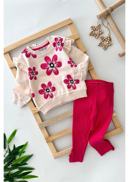 Çiçek Baskılı Fitilli Kız Çocuk 2 li takım - Fuşya