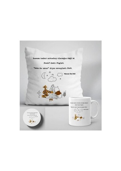 Pooh ve Arkaşları Karakter Baskılı Hediyelik Yastık+Kupa ve Bardak Altlığı Seti