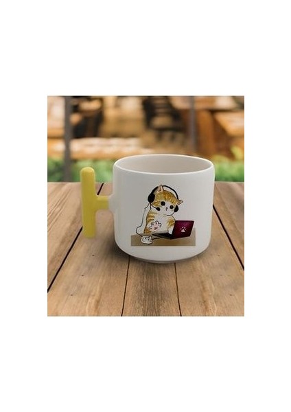 Duble Türk Kahvesi Fincanı & Espresso Müşteri Hizmetleri Haylaz Yavru Kedi T Sarı Kulp Kupa 200 ml