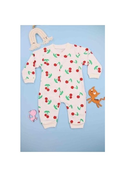 Kiraz Desenli Bebek Beyaz Tulum
